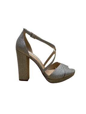 Nina Women’s Silver Glittered Chunky Heel Crisscross Strap Dress Sandals Size 8M